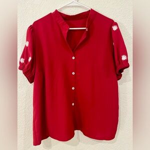 SHEIN Red Button-Up Blouse with Floral Accents